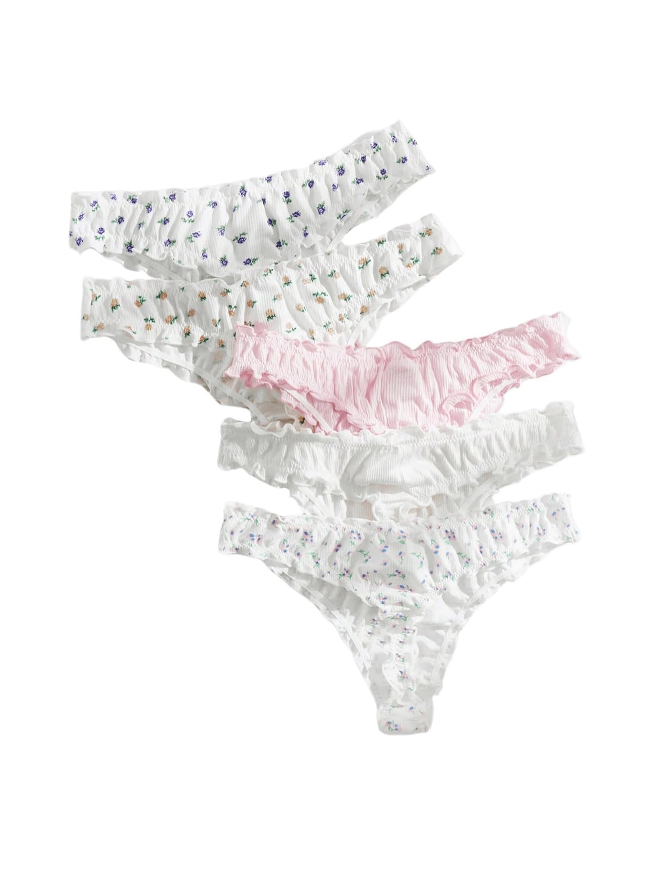 Women's 5pack Floral Print Low Rise Panty Set Frill Trim Textured Soft Underwear