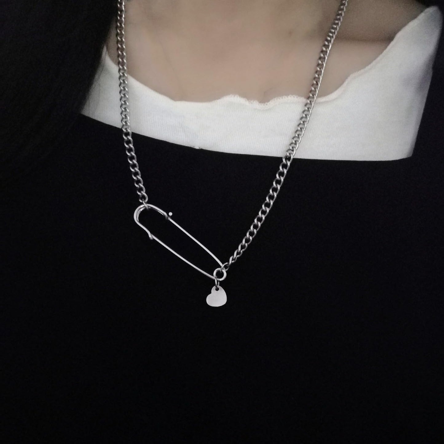 Safety Pin Necklace Heart Pendant