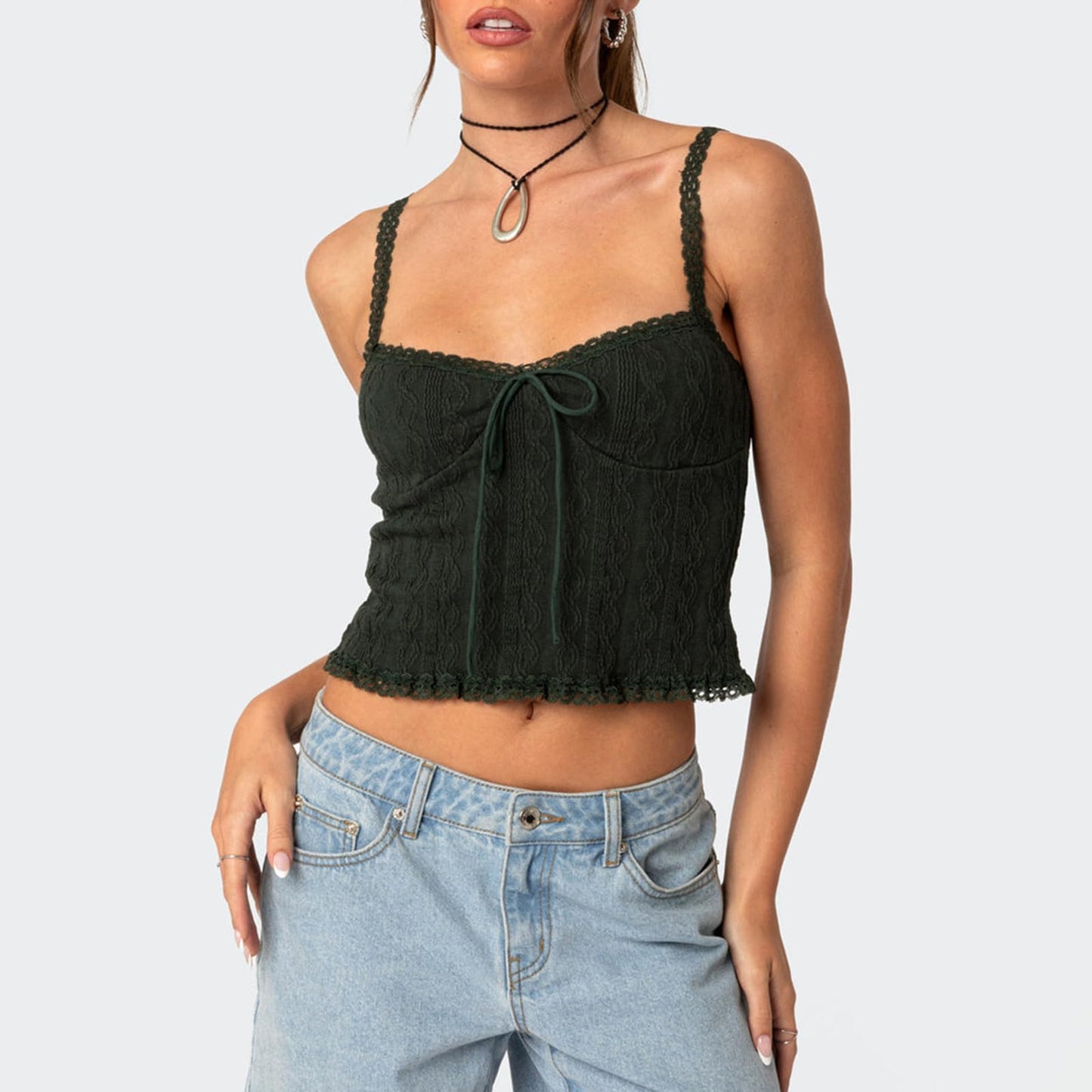 Women Y2k Lace Trim Crop Tank Top Spaghetti Strap