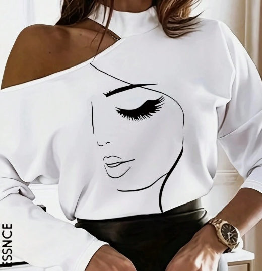 Women's White Long Sleeve T-Shirt - With Cartoon Line Pattern & Open Shoulder Design Graphic Tees