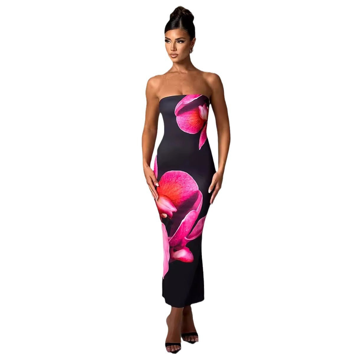 Printed Intellectual Temperament Drape Long Tube Top Sheath Dress