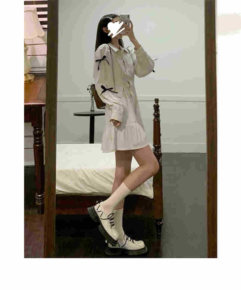 Women Bow Shirt Dress Polo Collar White Long Sleeve Short Dress