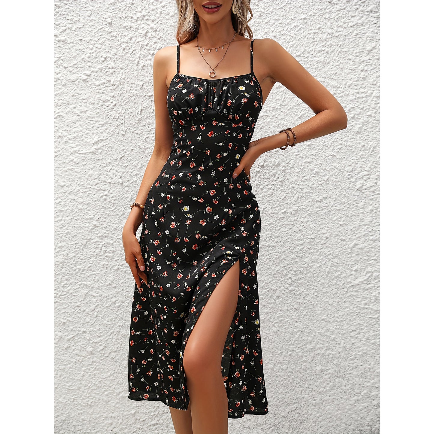 New Polka Dot Print Suspender Summer Sexy Slit Long Dress