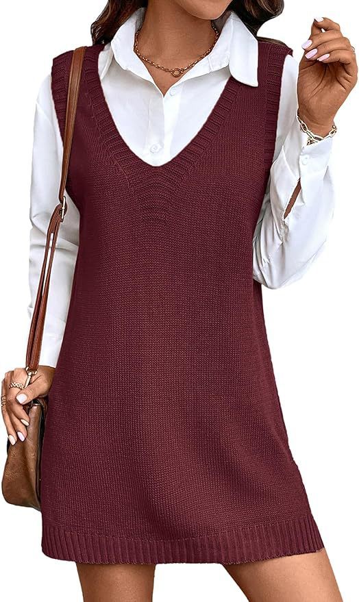 Women V-neck A Long Sweater Vest Dress Fashion Rib Knitted Side Slit