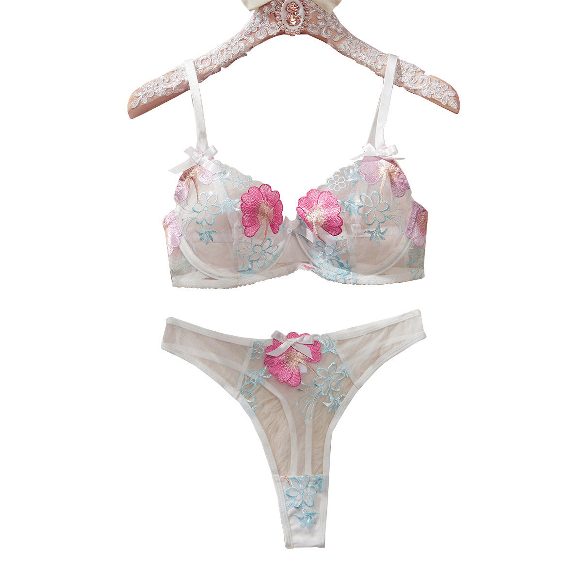 Women Bow Flower Embroidered Underwear