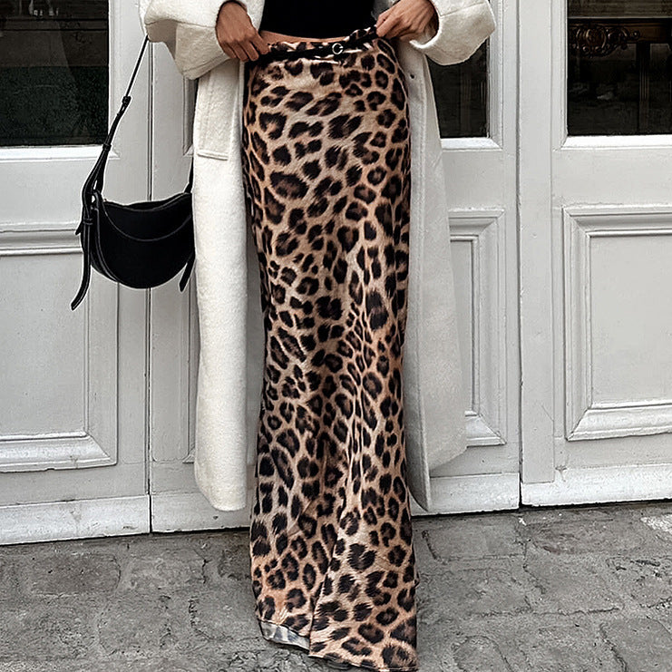 Leopard Print Satin Fishtail Skirt