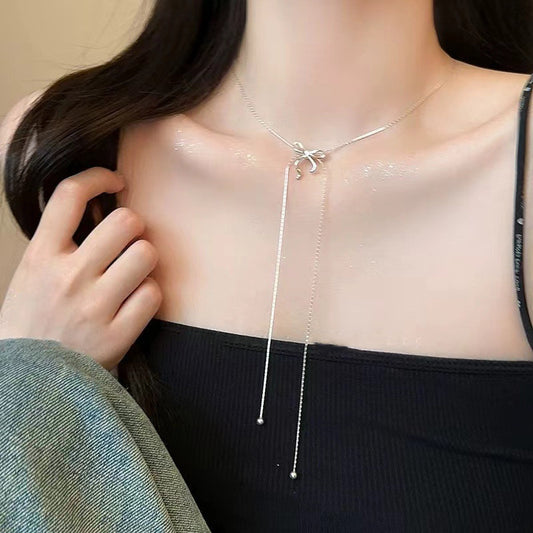 Long Bow Tie Tassel Pull Necklace For Women