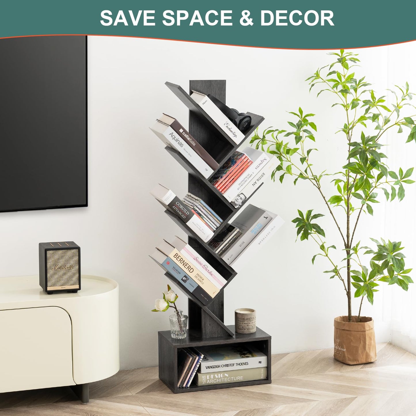 Tree Bookshelf - 6 Shelf Retro Floor Standing Bookcase, Tall Wood Book Storage Rack