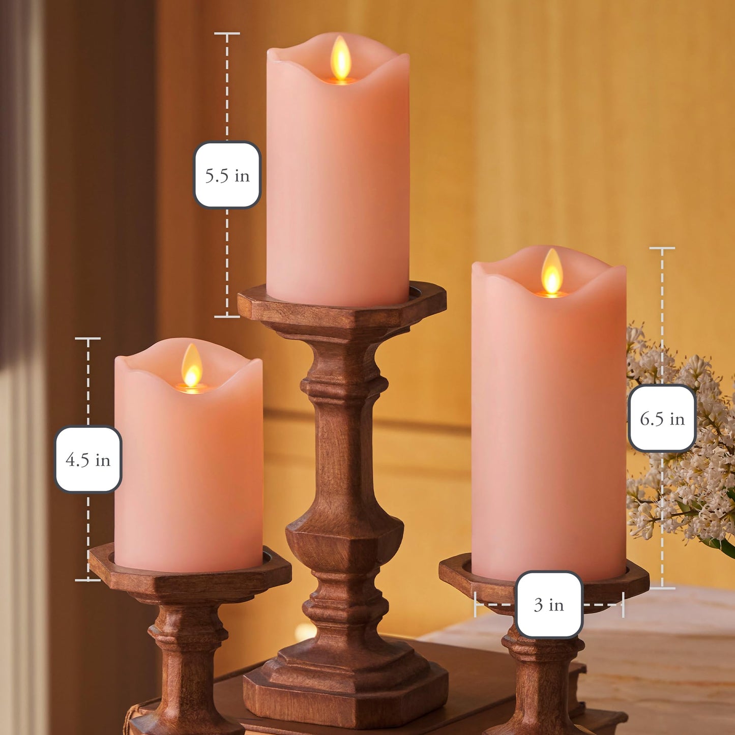 Flameless LED Flickering Battery Candle Moving Flame Pillar, Melted Edge, Real Wax Smooth Finish