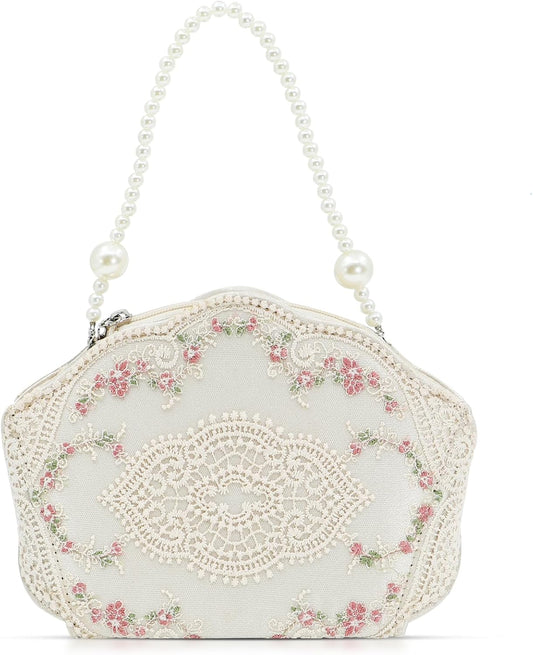 White Lace Embroidered Clutch Purse – Elegant Evening Bag with Pearl Handles for Weddings, Proms & Parties