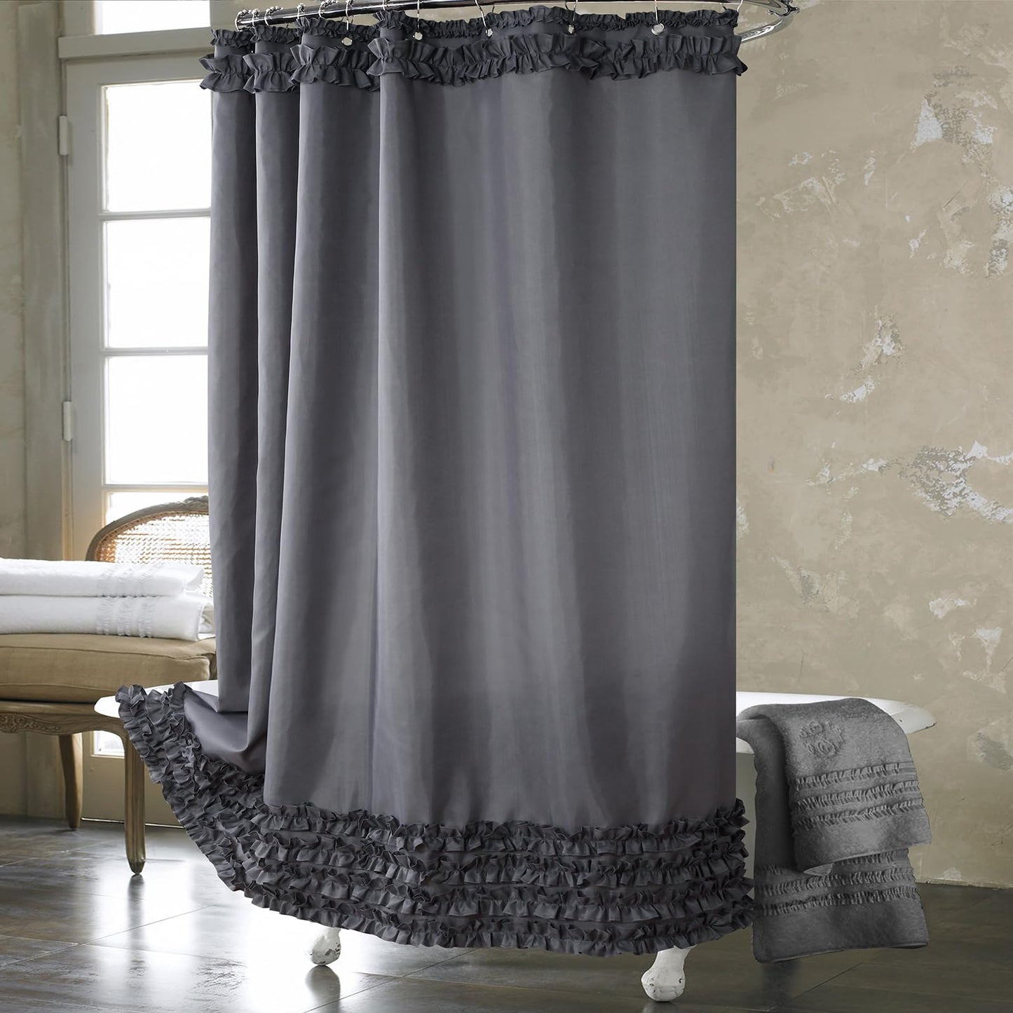 Ruffle Shower Curtain, Pink Fabric Shower Curtain with Handmade Ruffles, Farmhouse Chic Bath Curtains, 72" W x 72" H