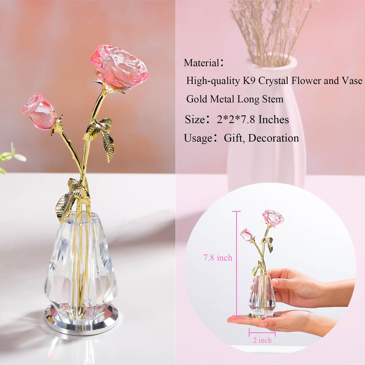 Crystal Rose Flowers Figurines Home Decor, Glass Roses with Stems