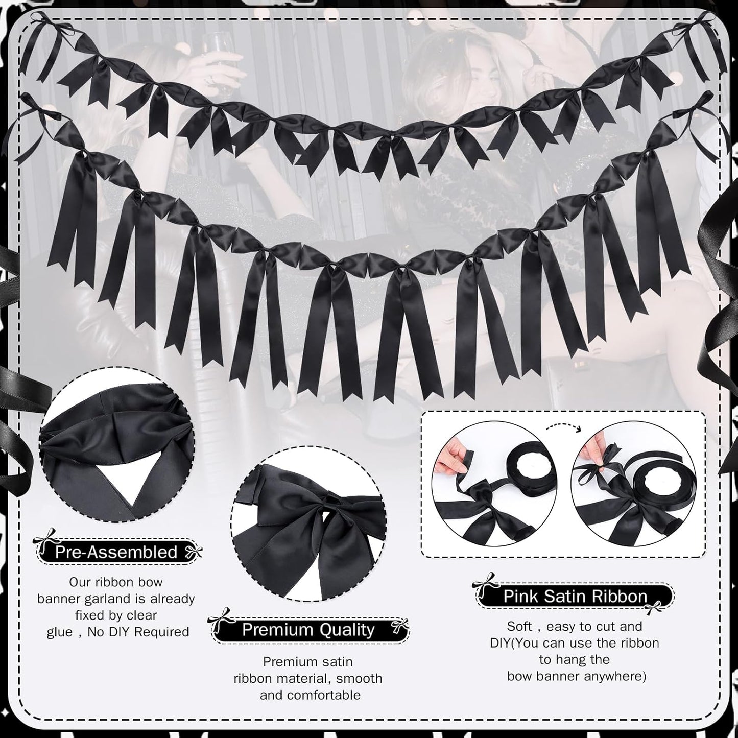 Set of 2 Black Satin Ribbon Bow Garland – Elegant Coquette-Inspired Party Decorations