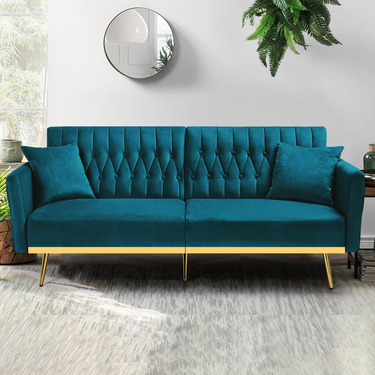 Velvet Futon Sofa Bed with 2 Pillows and Adjustable Armrests, 70”