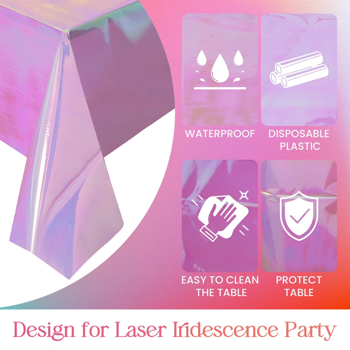 Pink Iridescent Holographic Tablecloth – 40" x 108" Shiny Plastic Cover for Parties and Events