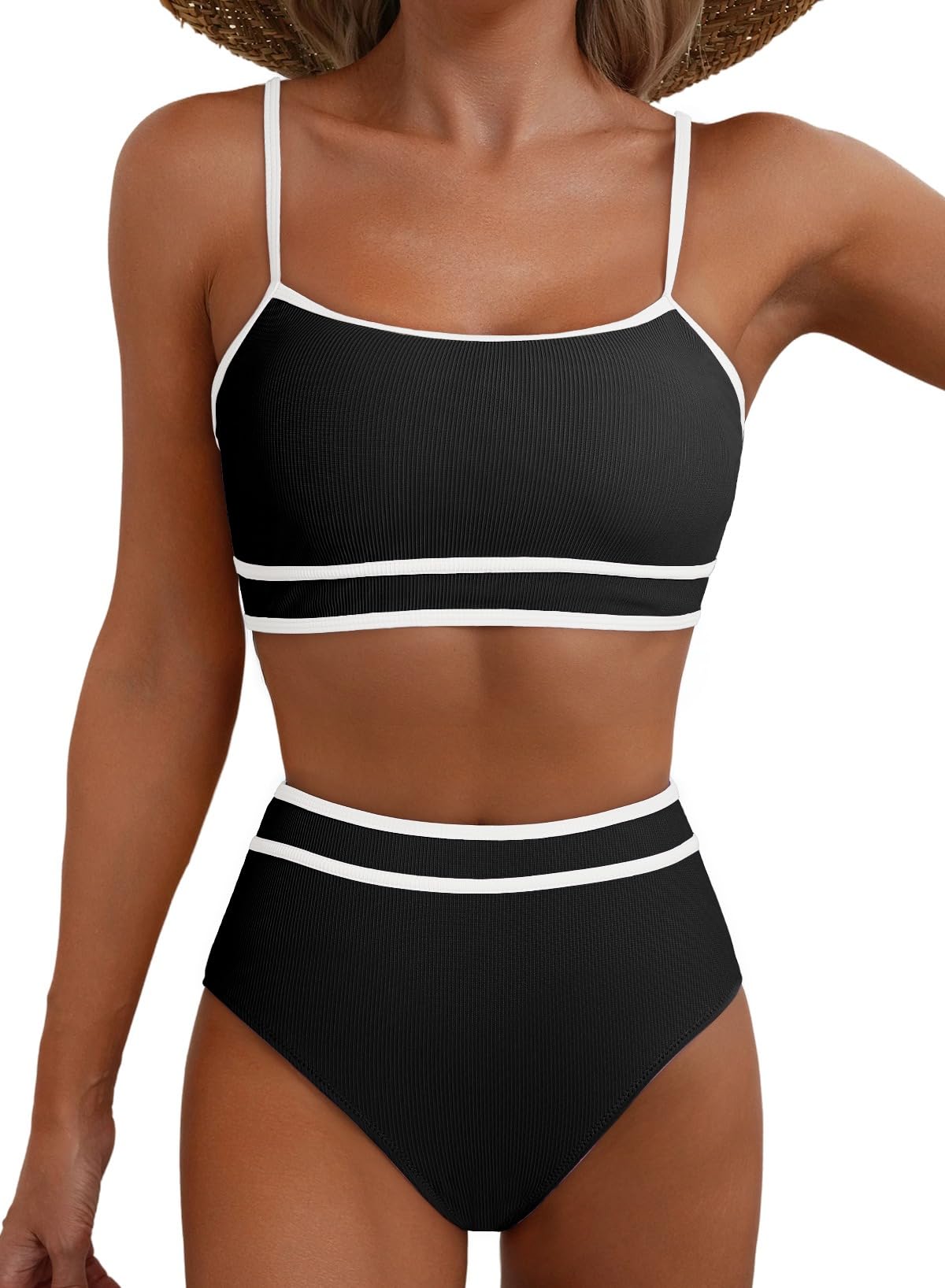 Womens Bikini Sets Ribbed Color Block Swimsuit Scoop Neck Bathing Suit