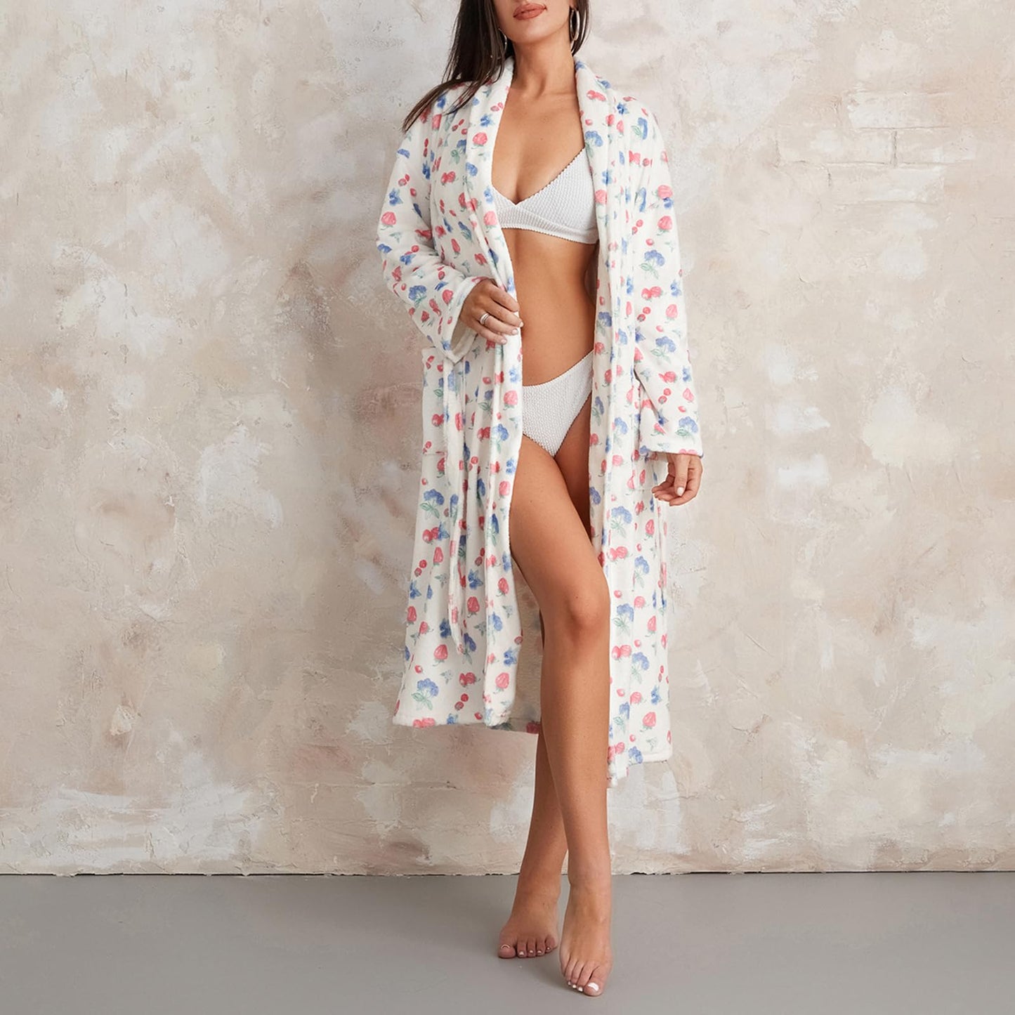 Women's Soft Floral Fruit Print Plush Shawl Collar Bathrobe with Belt