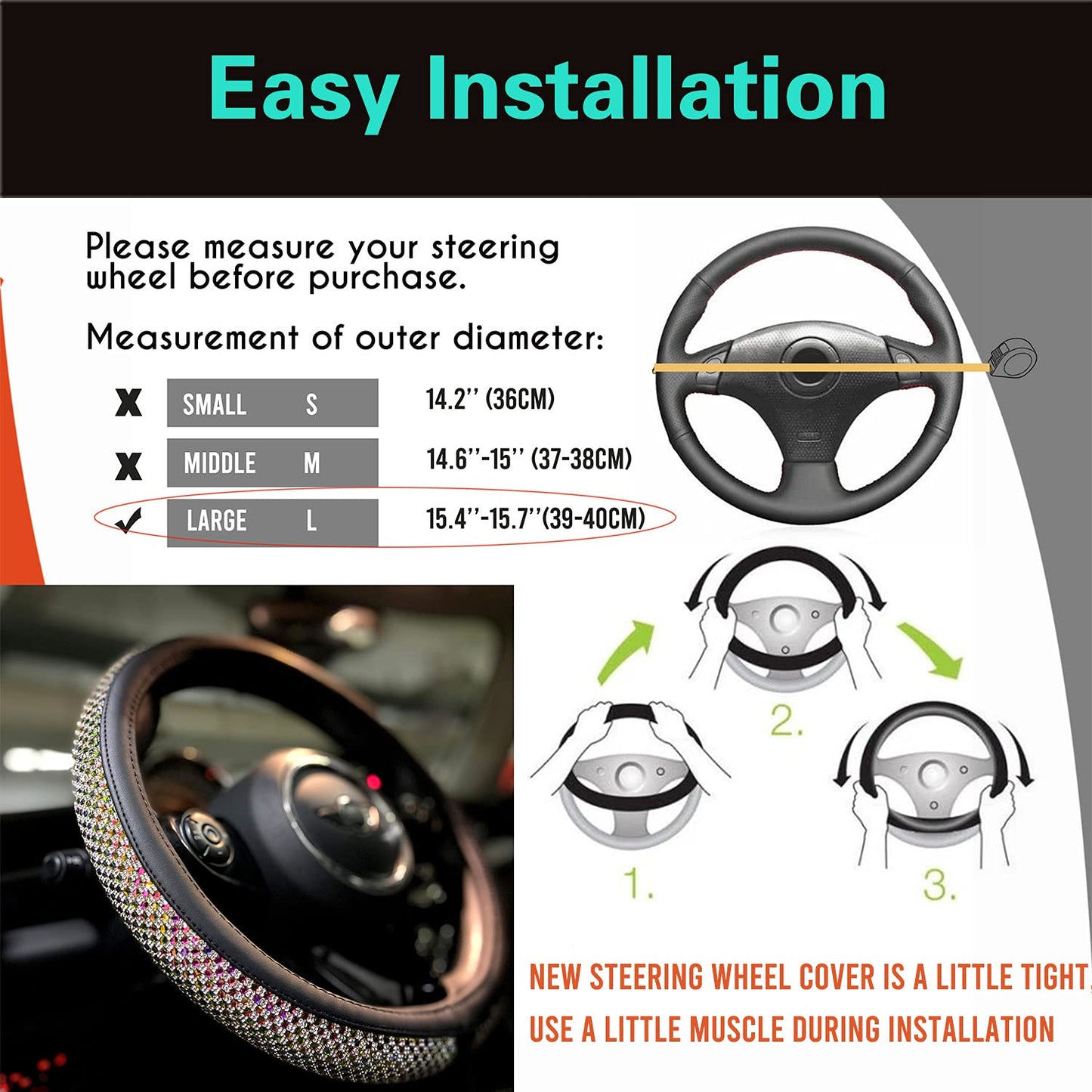 Universal Bling Bling Comfy Steering Wheel Cover with Jumbo Crystal Rhinestones, Anti-Slip Diamond Leather, 14.5-15 Inch