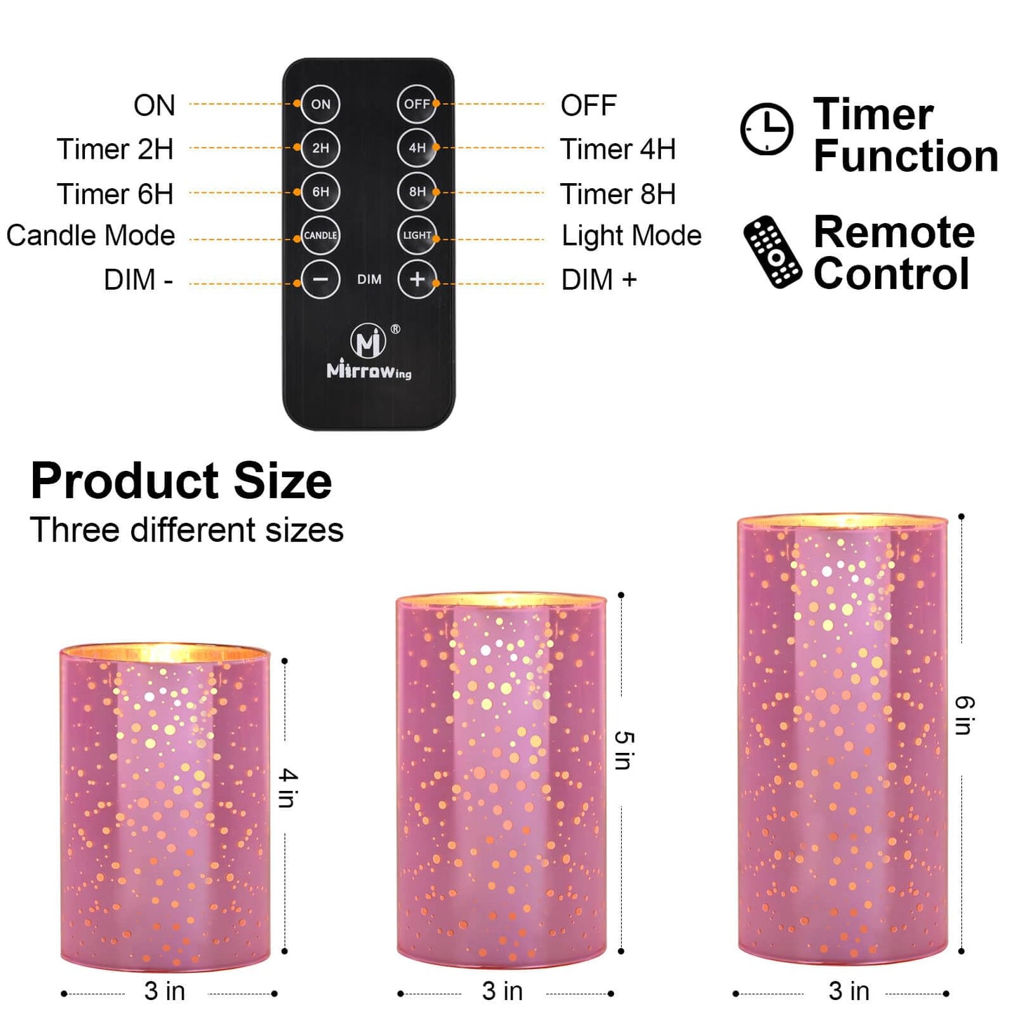 Pink Glass Battery Operated Flameless Candles with Remote and Cycling 24 Hours Timer, (Batteries Included)