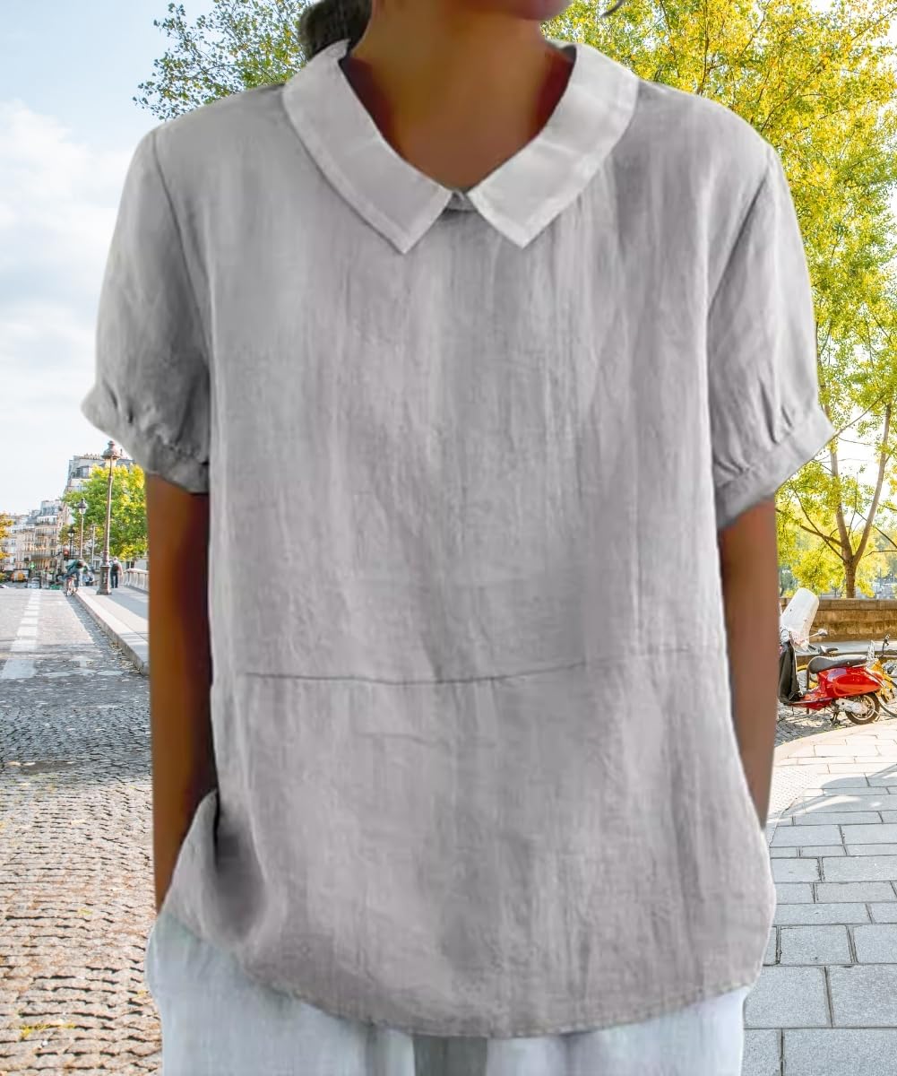 Cotton Linen Shirts Short Sleeve Casual Collared Work Blouse Tunic Tos