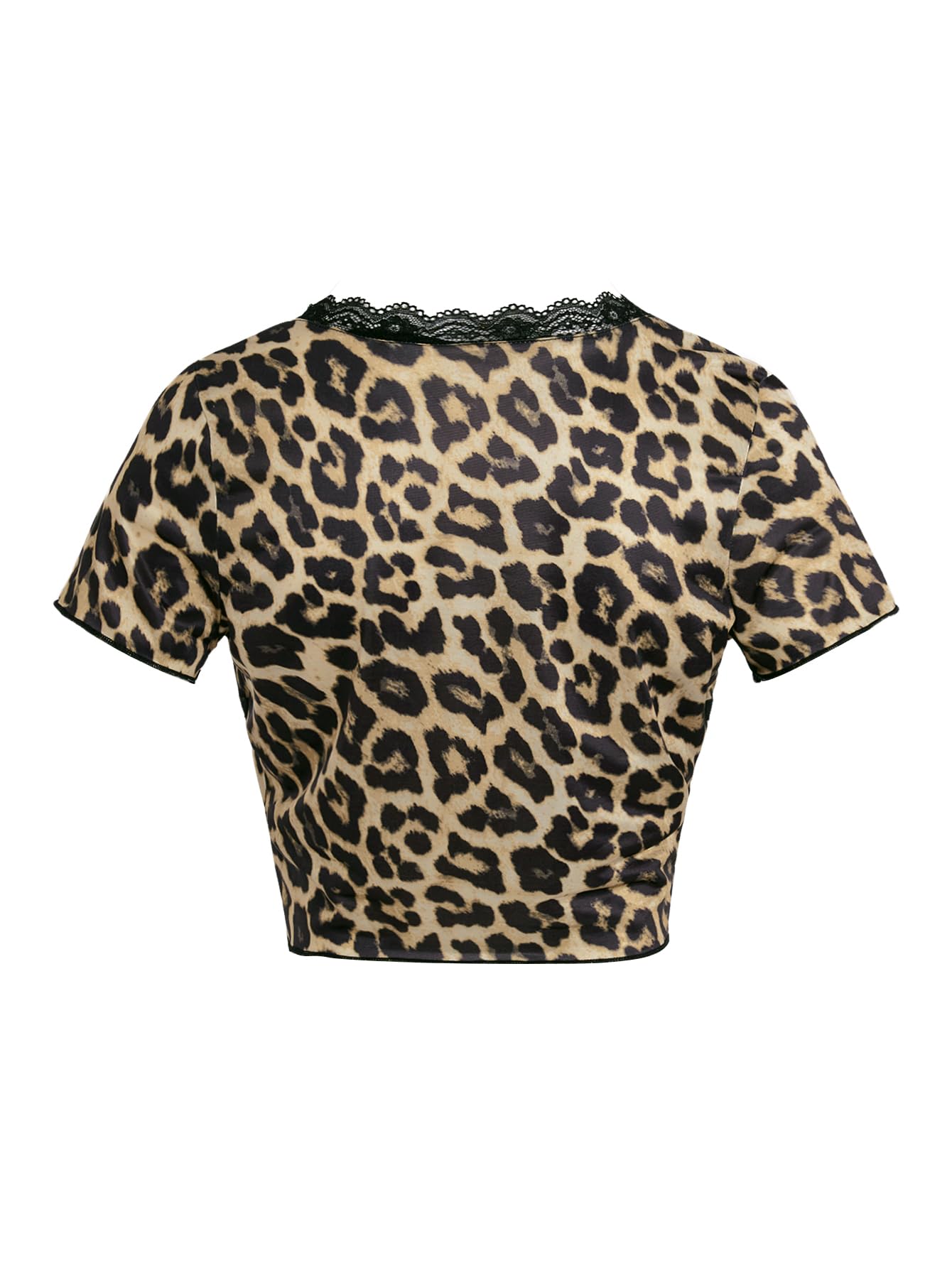 Women's Y2k Lace Leopard Print Deep V Neck Tie Front Short Sleeve Shirt