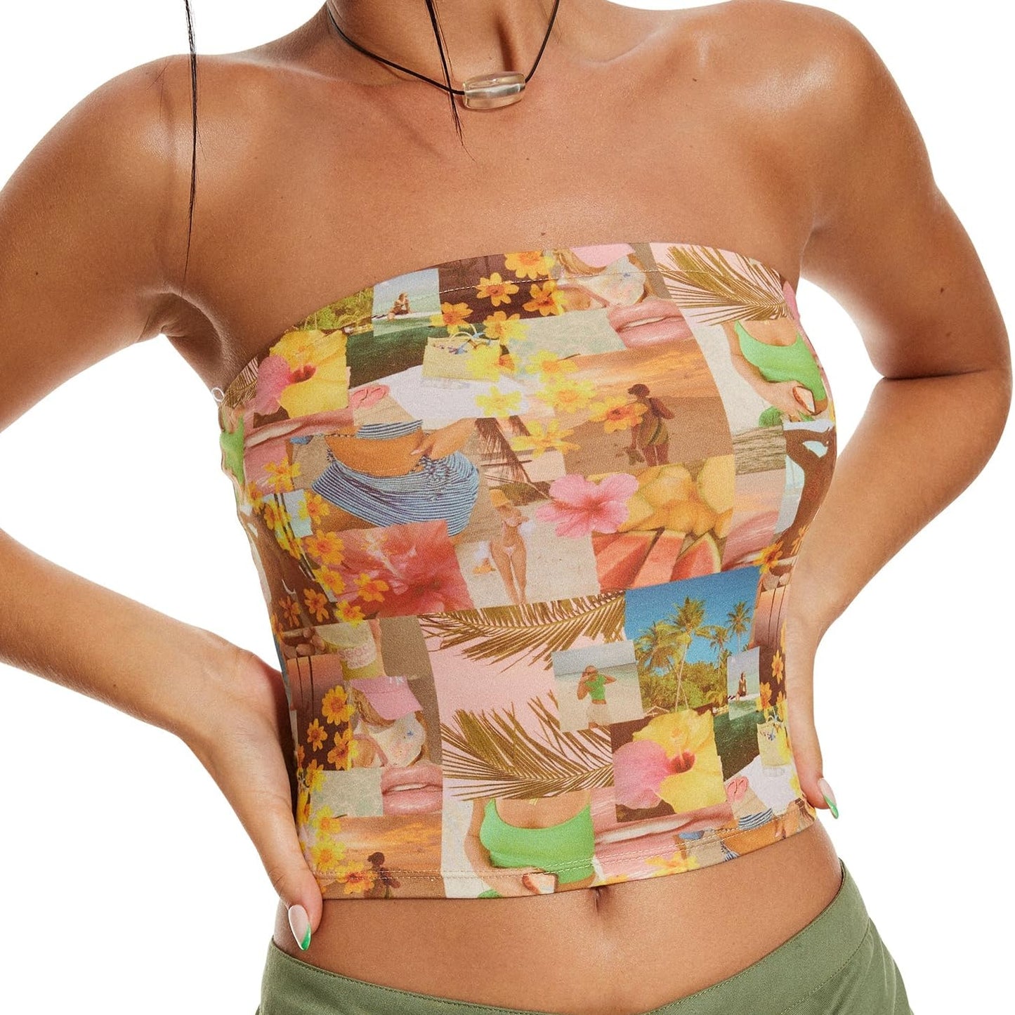 Women Y2k Floral Tube Tops Flower Print Strapless Sleeveless Bandeau Tops