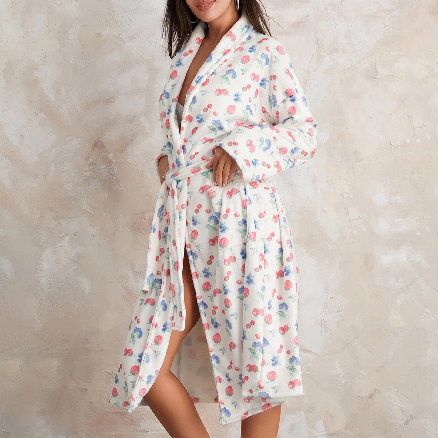 Women's Soft Floral Fruit Print Plush Shawl Collar Bathrobe with Belt