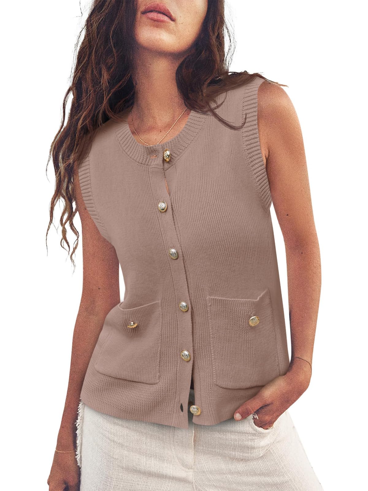 Cropped Sweater Vest Sleeveless Button Ribbed Knit Crew Neck Cardigan Vests Top with Pockets