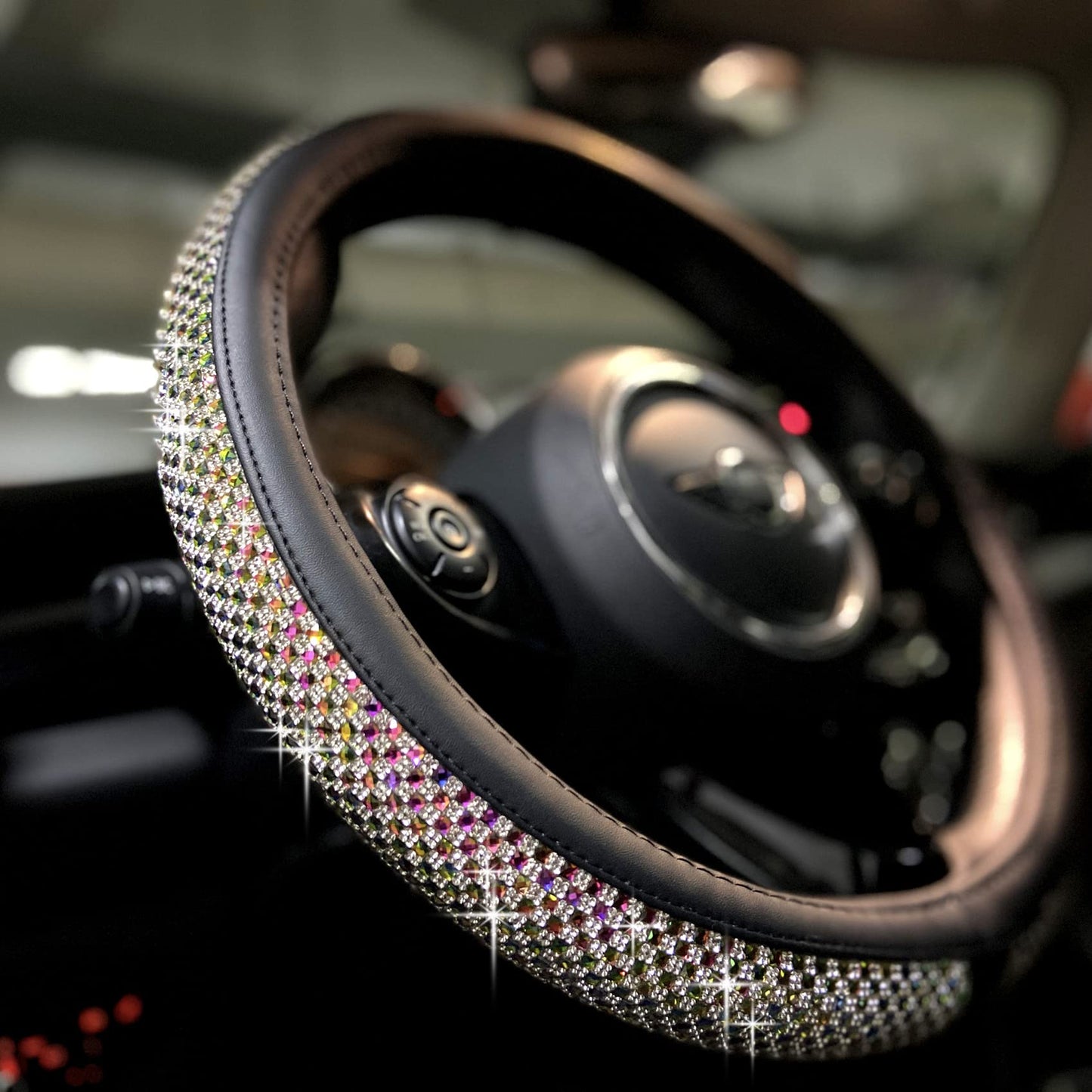 Universal Bling Bling Comfy Steering Wheel Cover with Jumbo Crystal Rhinestones, Anti-Slip Diamond Leather, 14.5-15 Inch