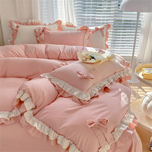 Girls Pink Bow Duvet Cover Princess Ruffle Bedding 100% Washed Microfiber 3pcs,Ruffled Duvet Cover Set