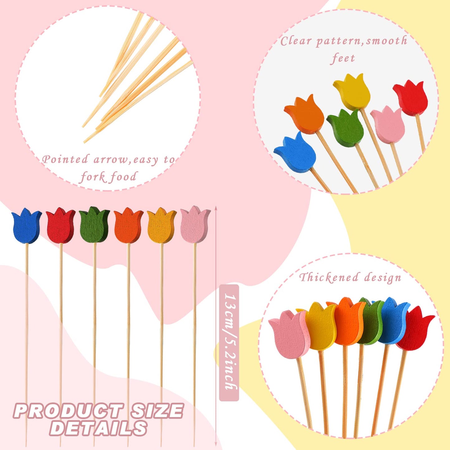 Tulip Cocktail Picks – Bamboo Toothpicks for Appetizers, Summer Party Skewers, Disposable Food Sticks 200 Pcs