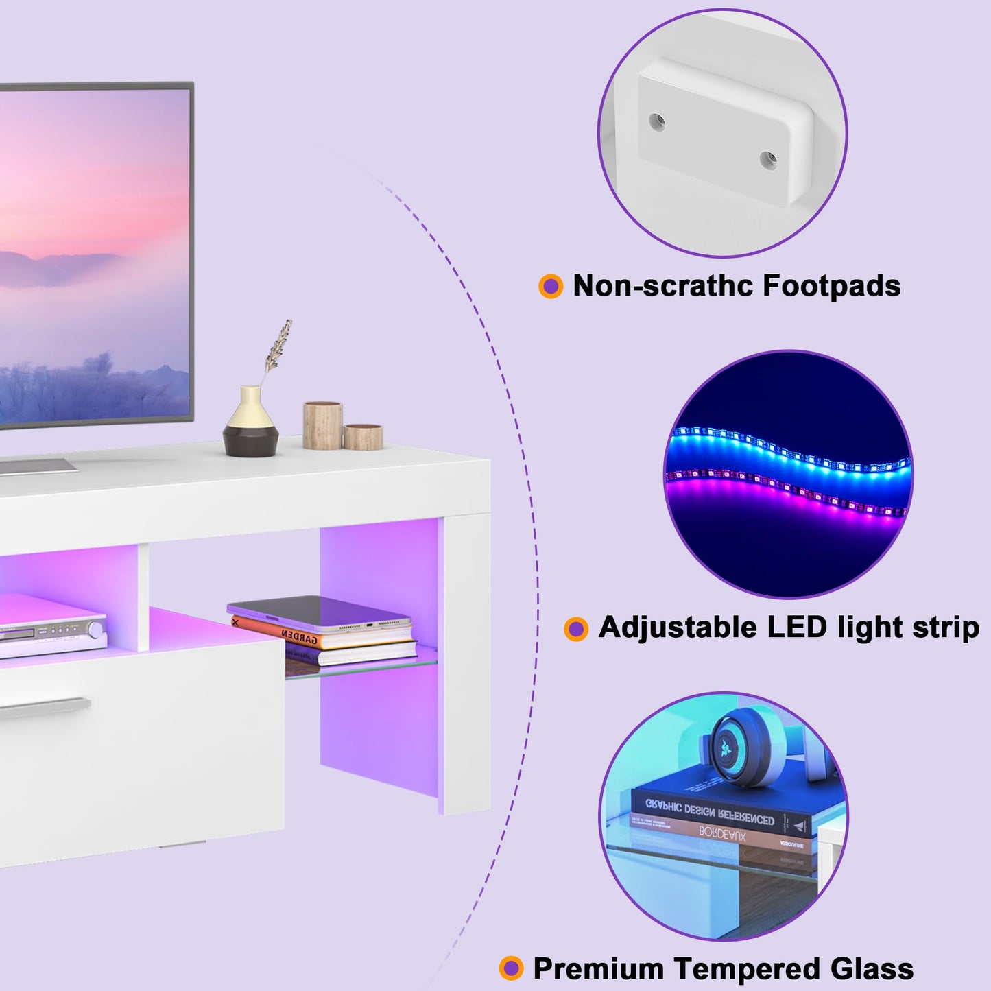 LED TV Stand with Large Storage Drawer -  Modern High Gloss TV Console Table with Entertainment Center