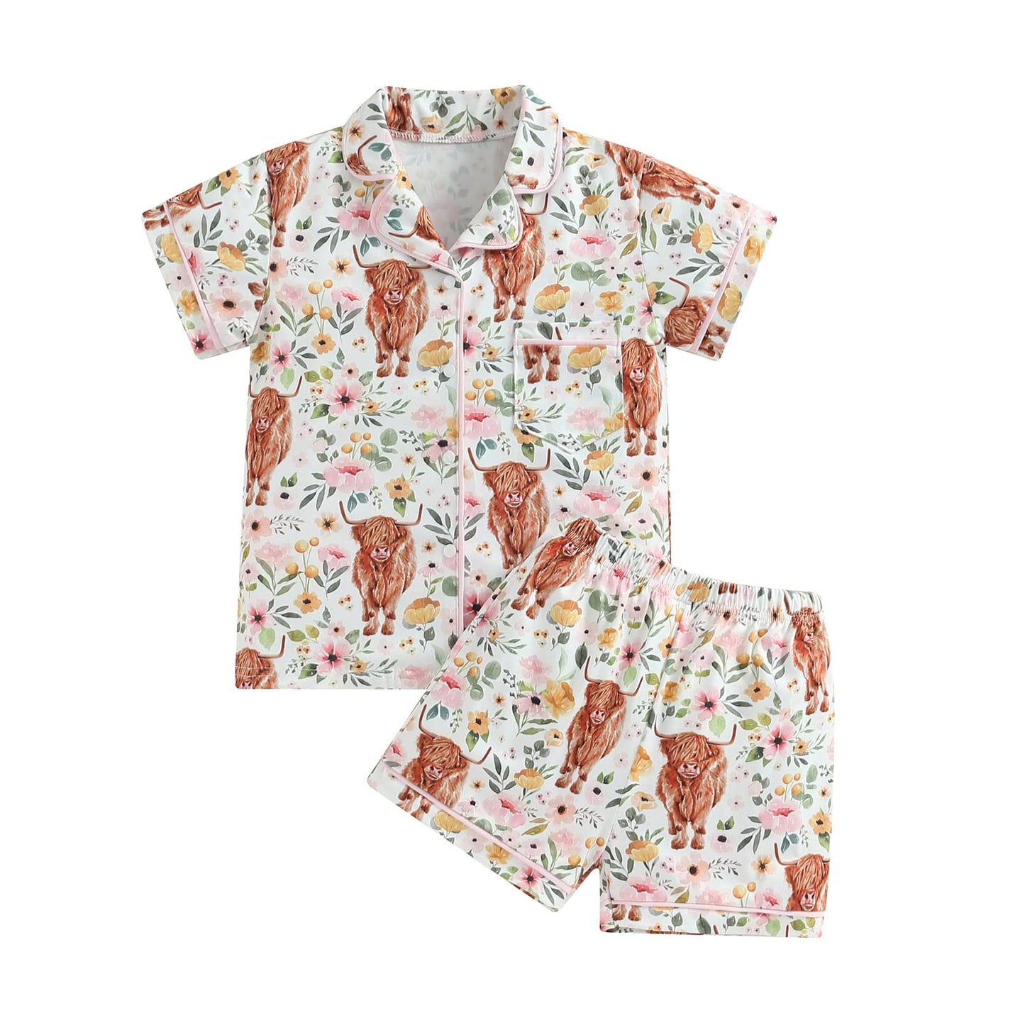 Toddler Girls Floral Silk Pajamas Short Sleeve Button-Up Top Shorts 2PC Flowers Satin Pajamas Set