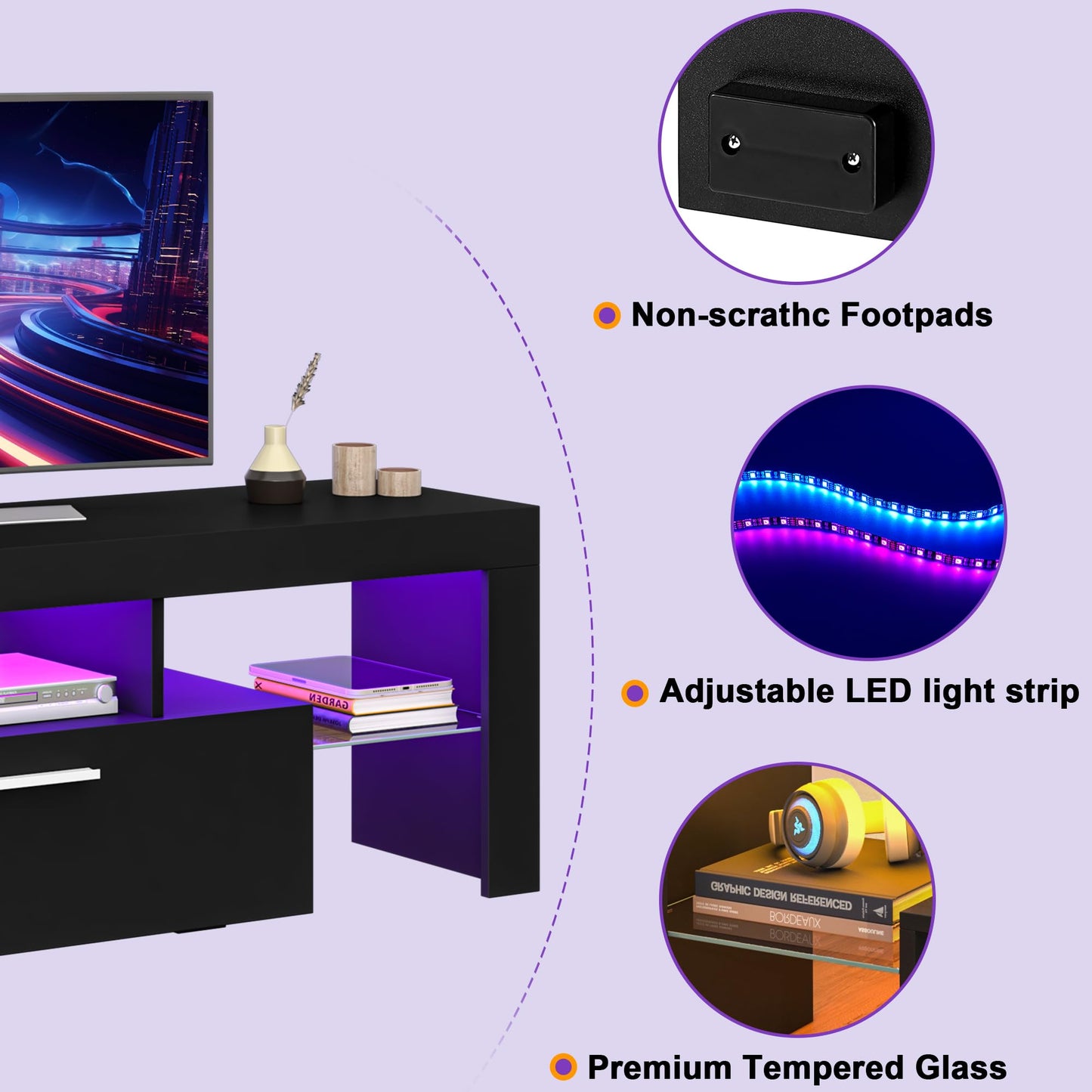 LED TV Stand with Large Storage Drawer -  Modern High Gloss TV Console Table with Entertainment Center