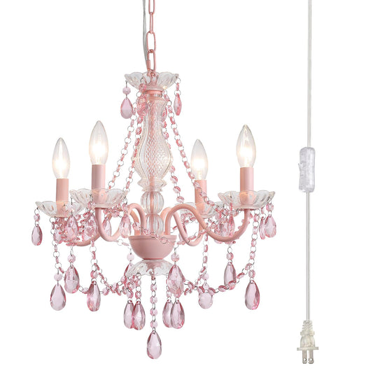 Plug in Crystal Ceramic Chandelier - Hanging Pendant Light with Clear Cord and On/Off, 4 Light Crystal Chandelier