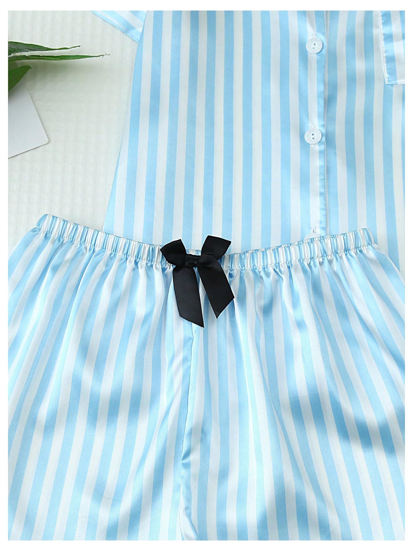 Coquette Bow Tie Women's 2 Piece Satin Striped Pajama Set Short Sleeve Button Down Top and Shorts Sleepwear