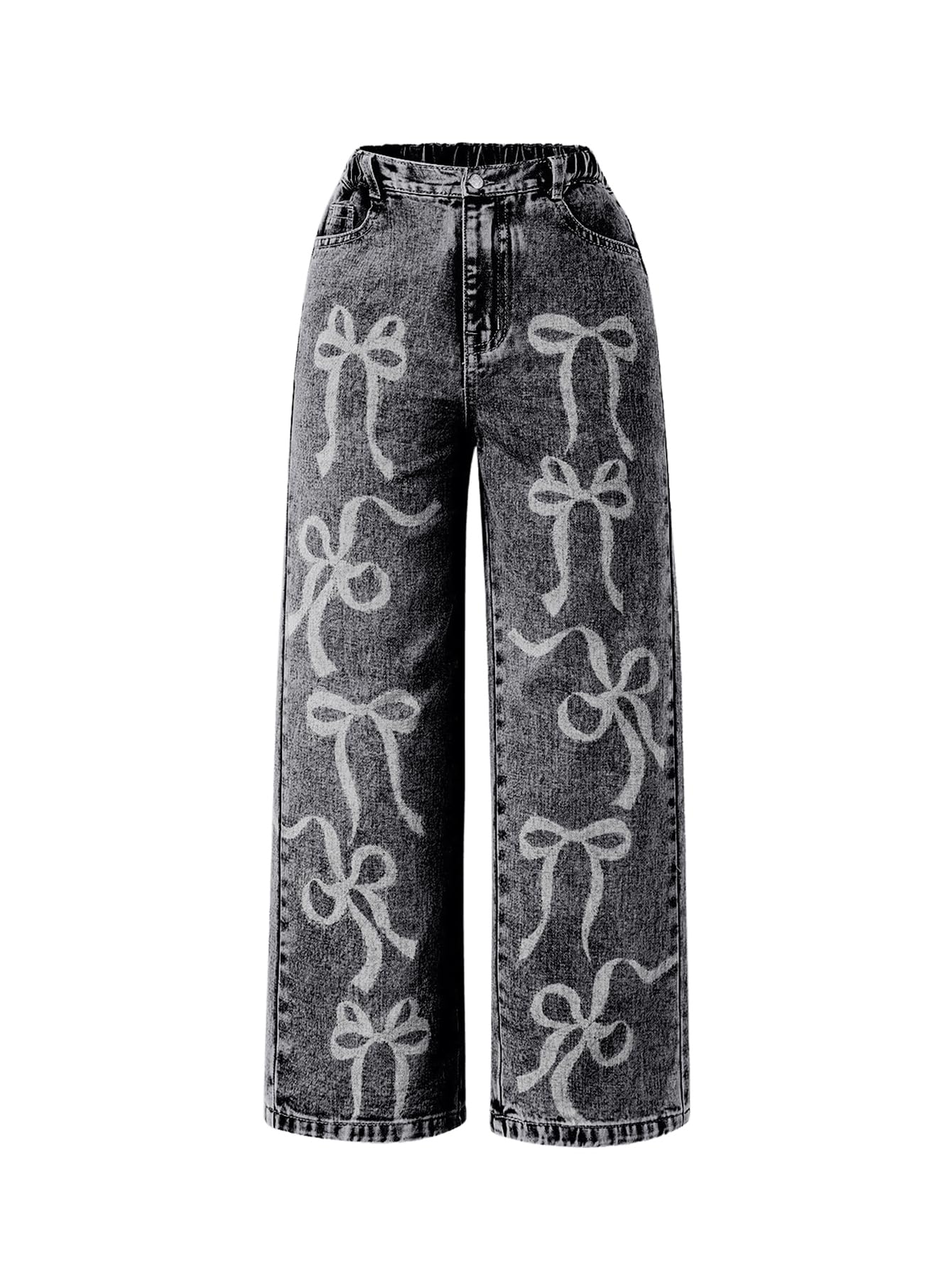 MakeMeChic Girl's Bow Knot Print Straight-Leg Loose-Fit Zip-Fly Cute Denim Jeans