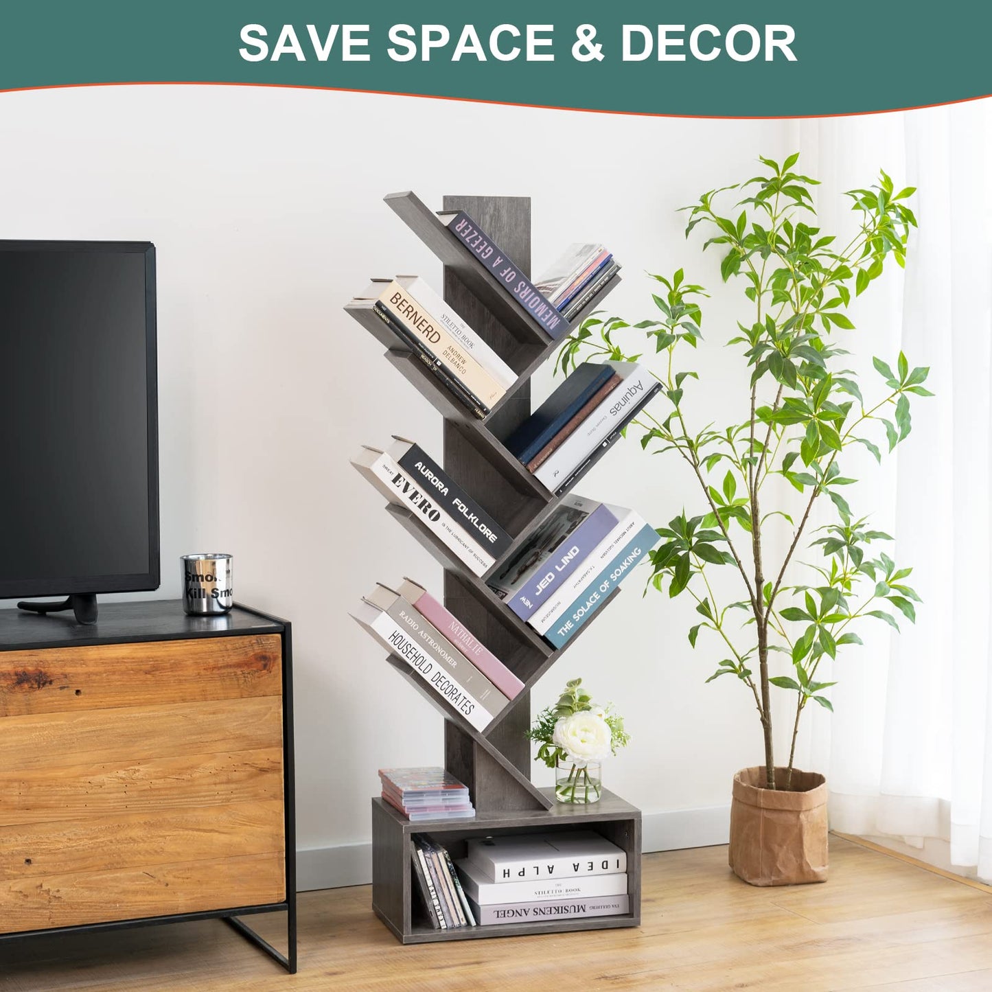 Tree Bookshelf - 6 Shelf Retro Floor Standing Bookcase, Tall Wood Book Storage Rack