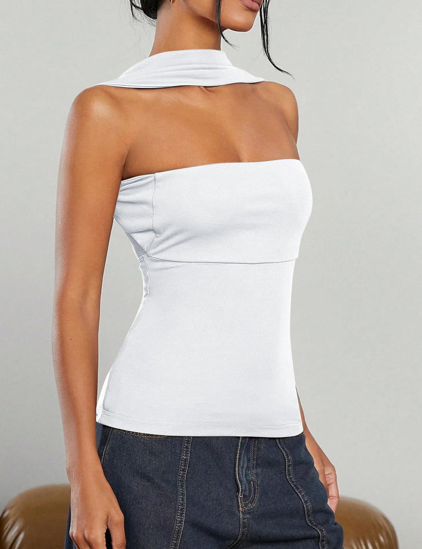 Ruched Strapless Halter Tube Top - Sexy Open Back Slim Fit Bandeau Shirt Sleeveless Off Shoulder