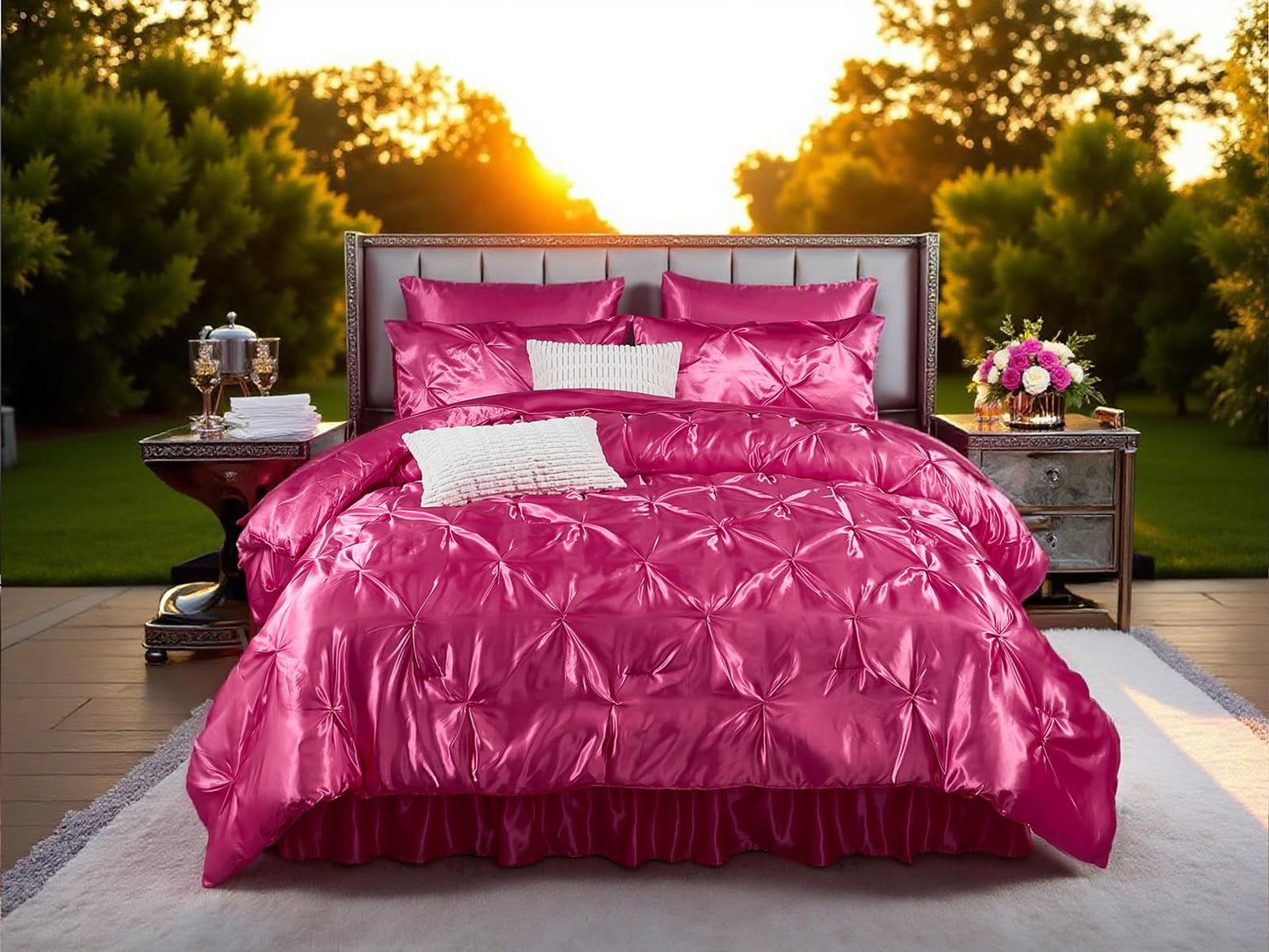 Pinch Pleat Bedding Set - Pin-tuck Luxury Bed Comforter Set 10 Pcs, Soft Silky Down Comforter Bed Set Satin with Sheets