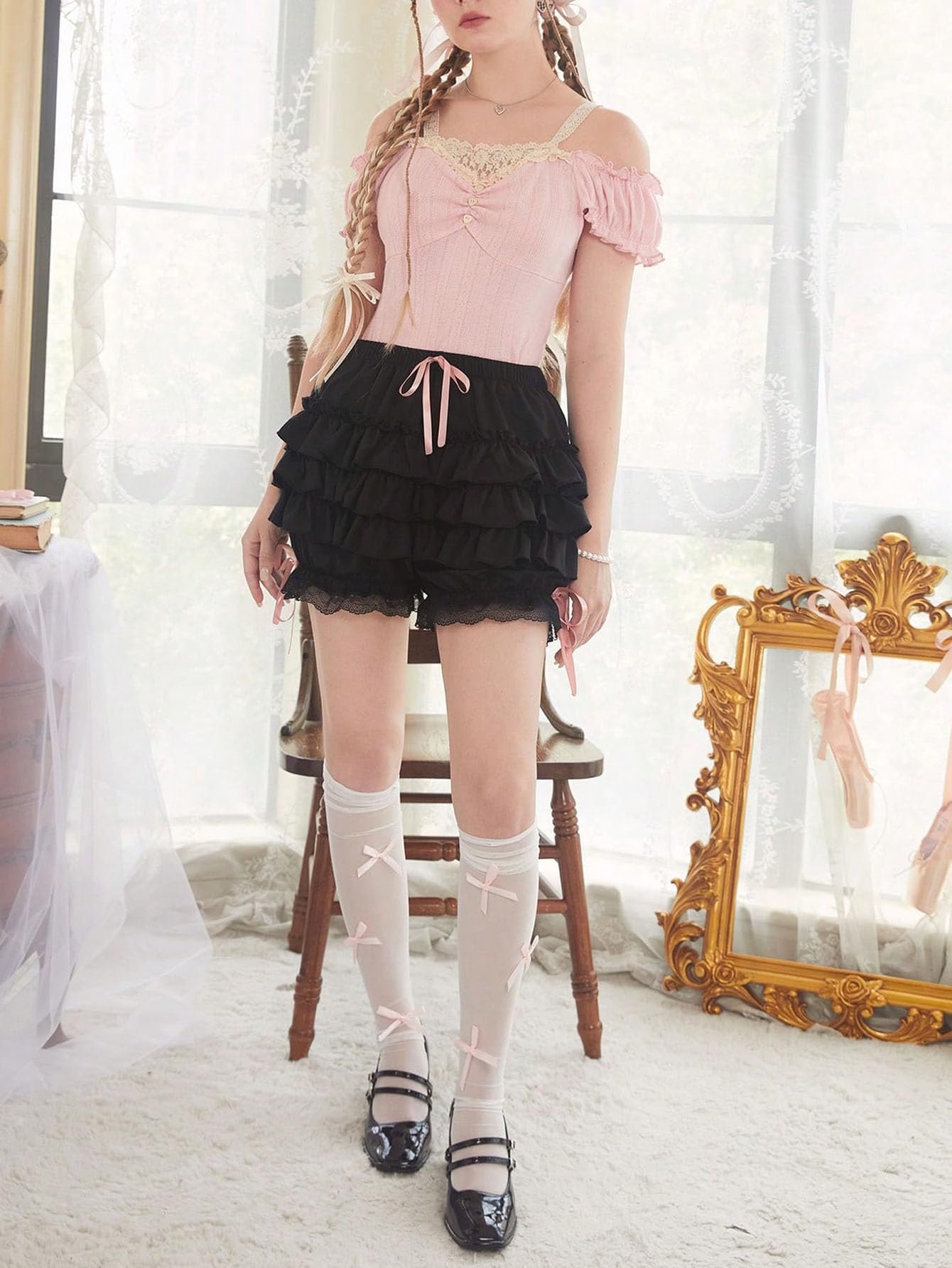 Women's Bow Front Tiered Ruffled Shorts Lace Drawstring Waist Shorts