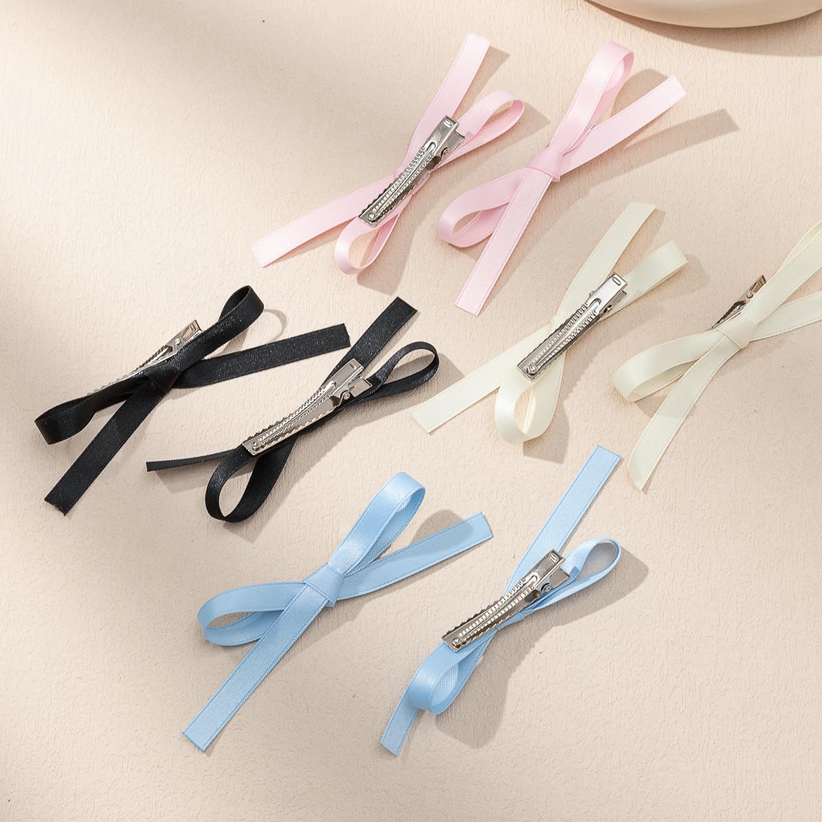 Satin 4-Piece Hair Ribbon Clips for Women and Girls – Pink and Beige Long Tail Bow Hair Accessories