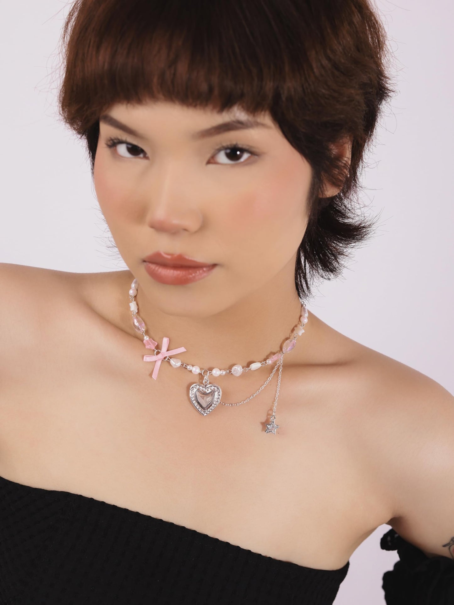 Y2K Kawaii Coquette Pink Bow Cutecore Aesthetic Beaded Choker Necklace