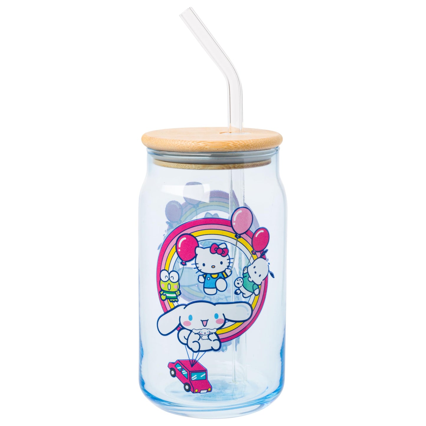 Sanrio Glass Jar Tumbler with Bamboo Lid and Glass Straw, 16 Ounces