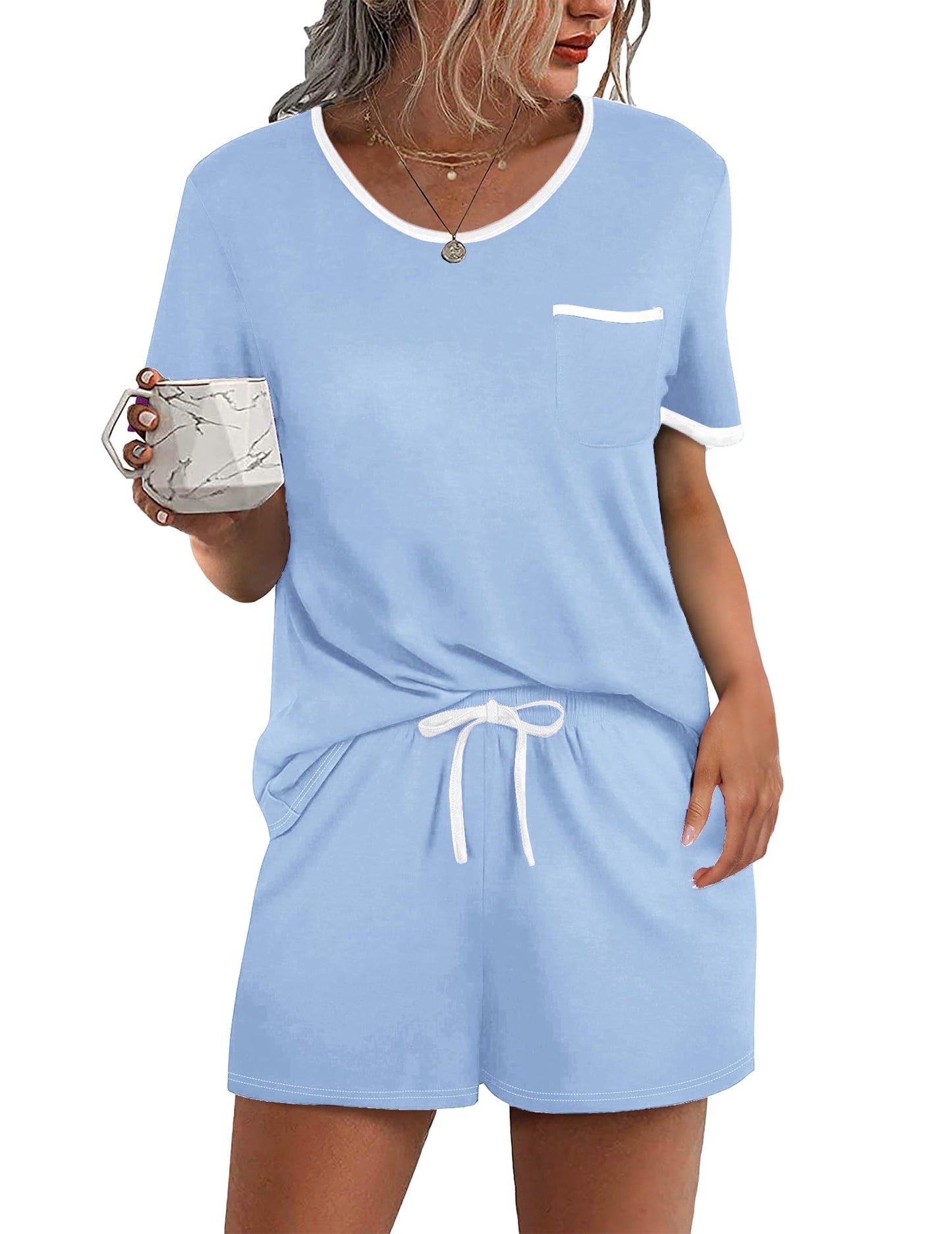 Pajama Set for 2 Piece Lounge Set Short Sleeve Tops and Shorts Soft Sleepwear, Chest Pocket