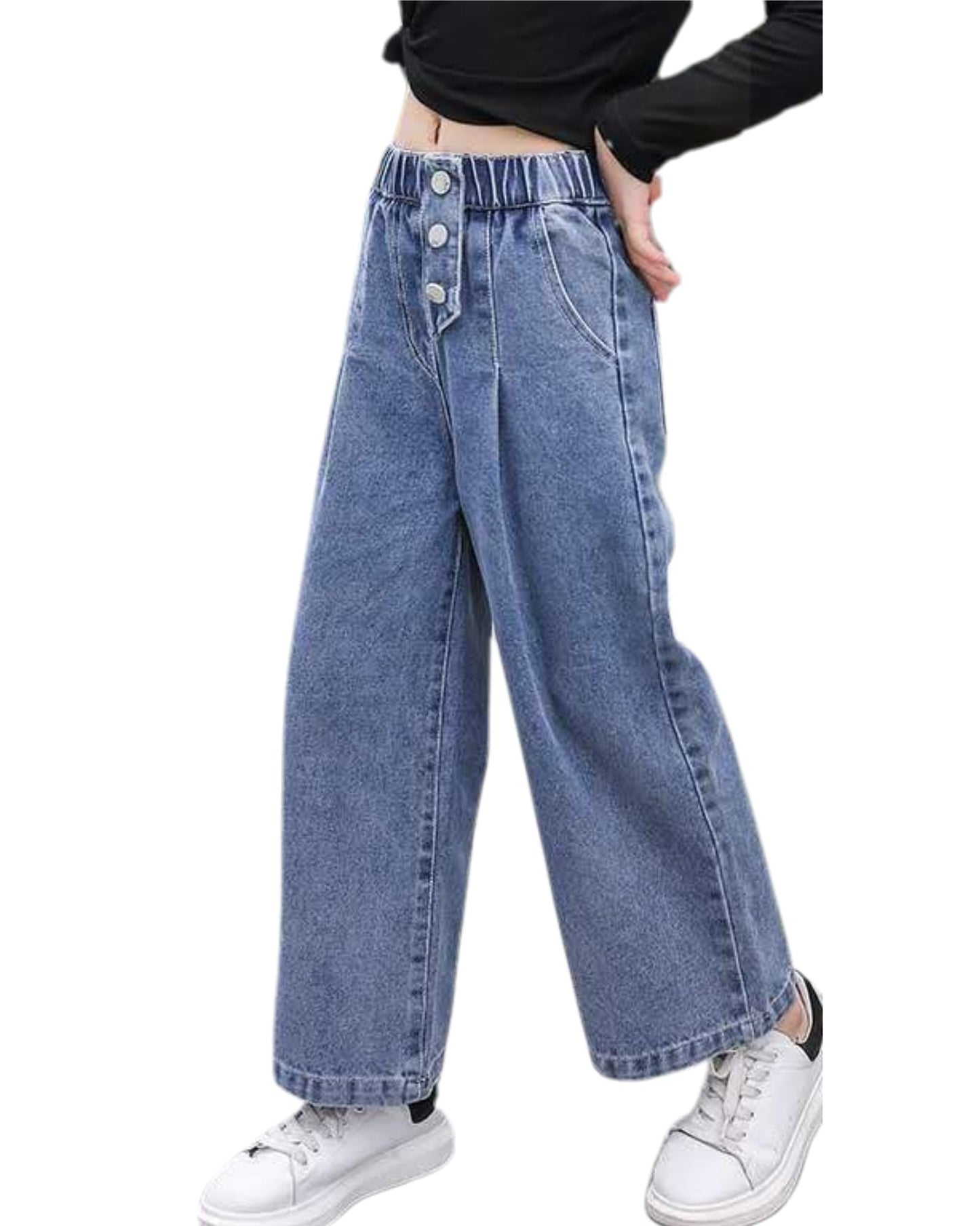 Girls Jeans Denim Elastic Wasit Wide Leg Baggy Pants