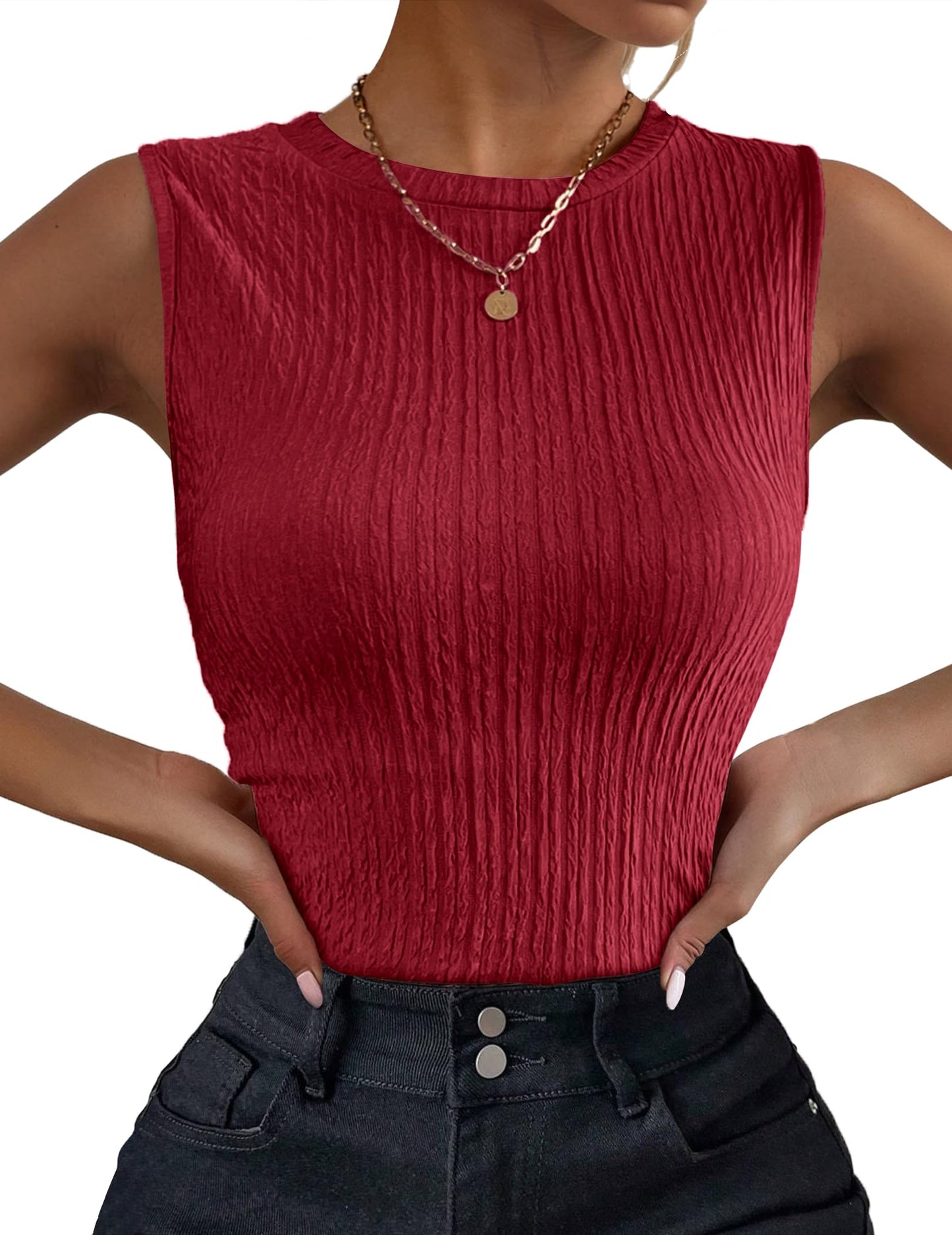 Women's High Neck Tank Top Ribbed Knit Slim Fitted Basic Textured Sleeveless Shirts