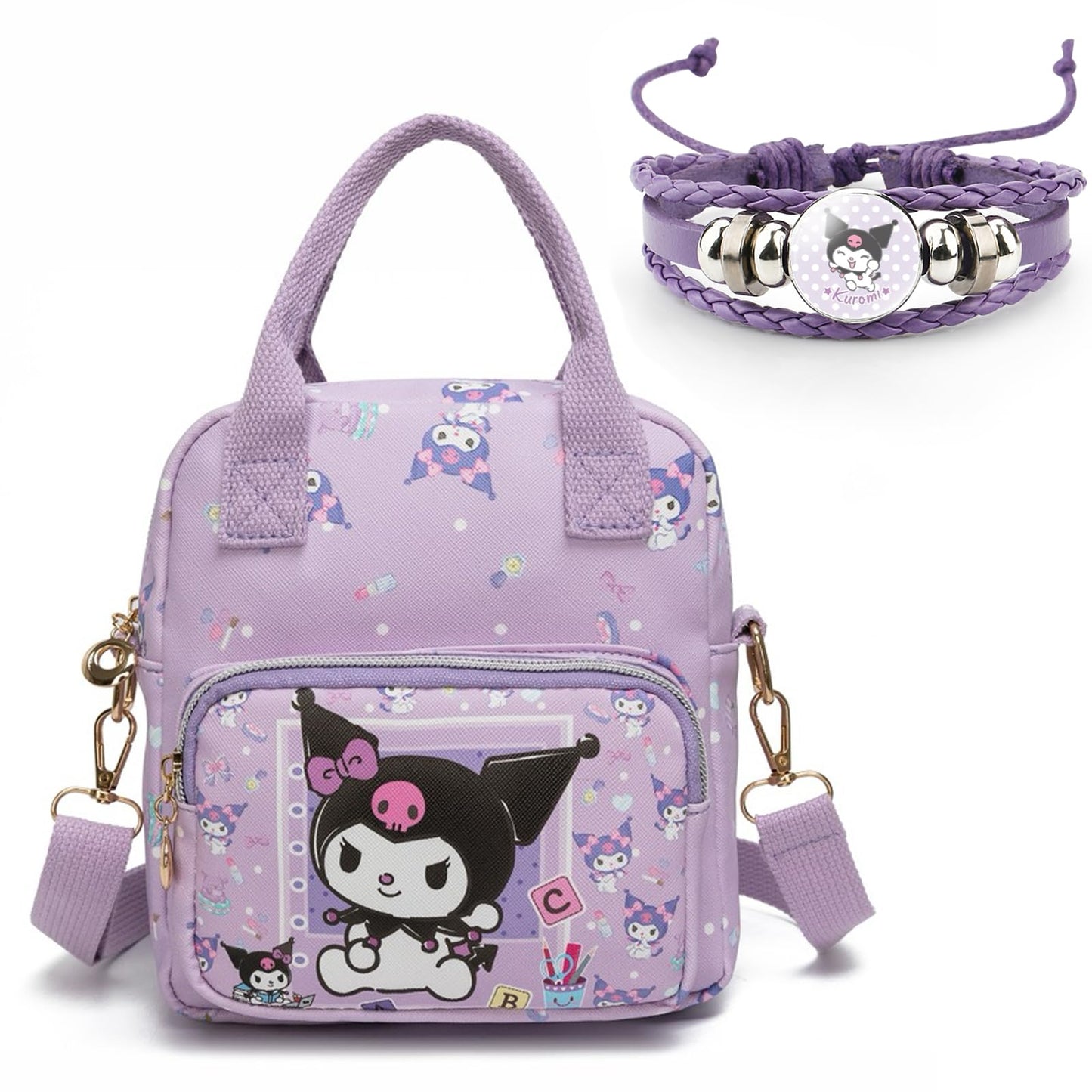 Kawaii Kitty PU Crossbody Bag with Handles Adjustable Shoulder Strap and Bracelet, Handbag with Zipper, Wallet Purse