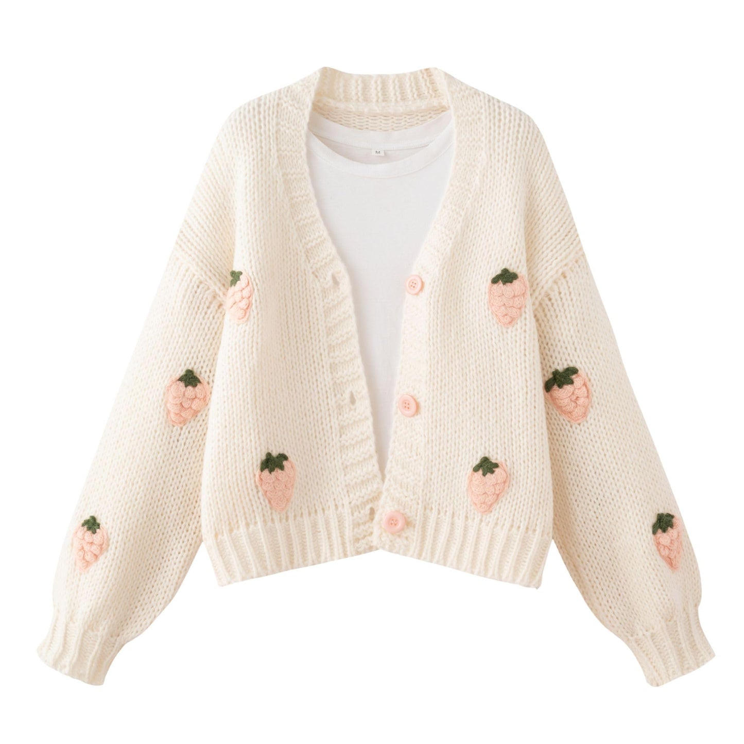 Women’s Kawaii Strawberry Embroidered Cardigan Long Sleeve V Neck Chunky Knitted Cardigans