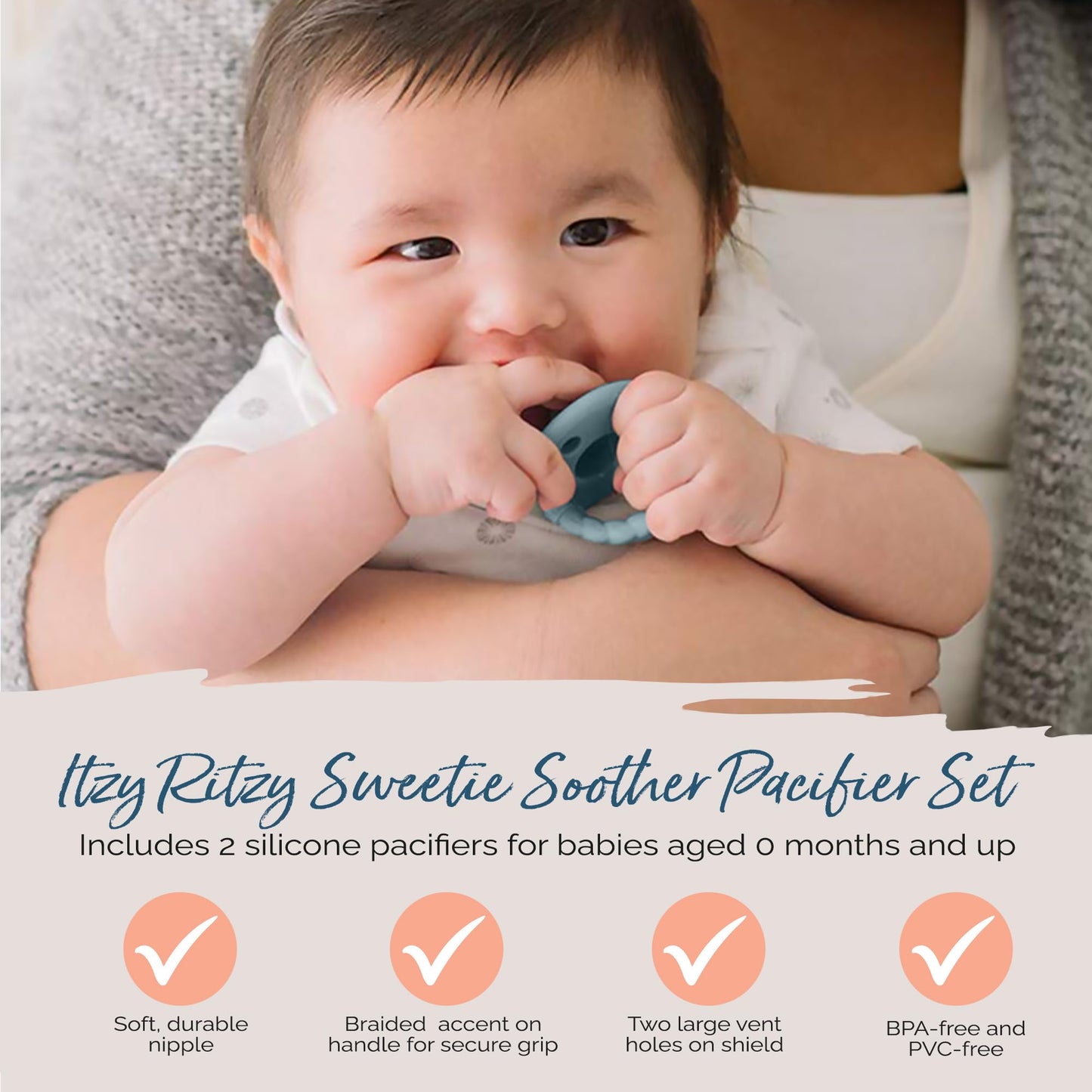 Silicone Pacifiers for Newborn - Sweetie Soother Pacifiers Feature Collapsible Handle & Two Air Holes for Added Safety